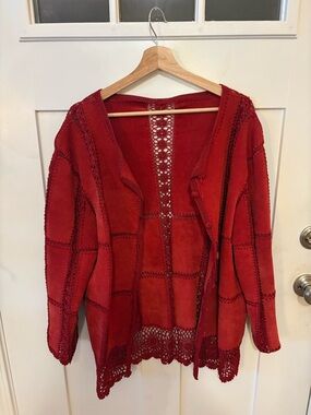 Source Unknown Red Crochet Trim Patchwork Cardigan